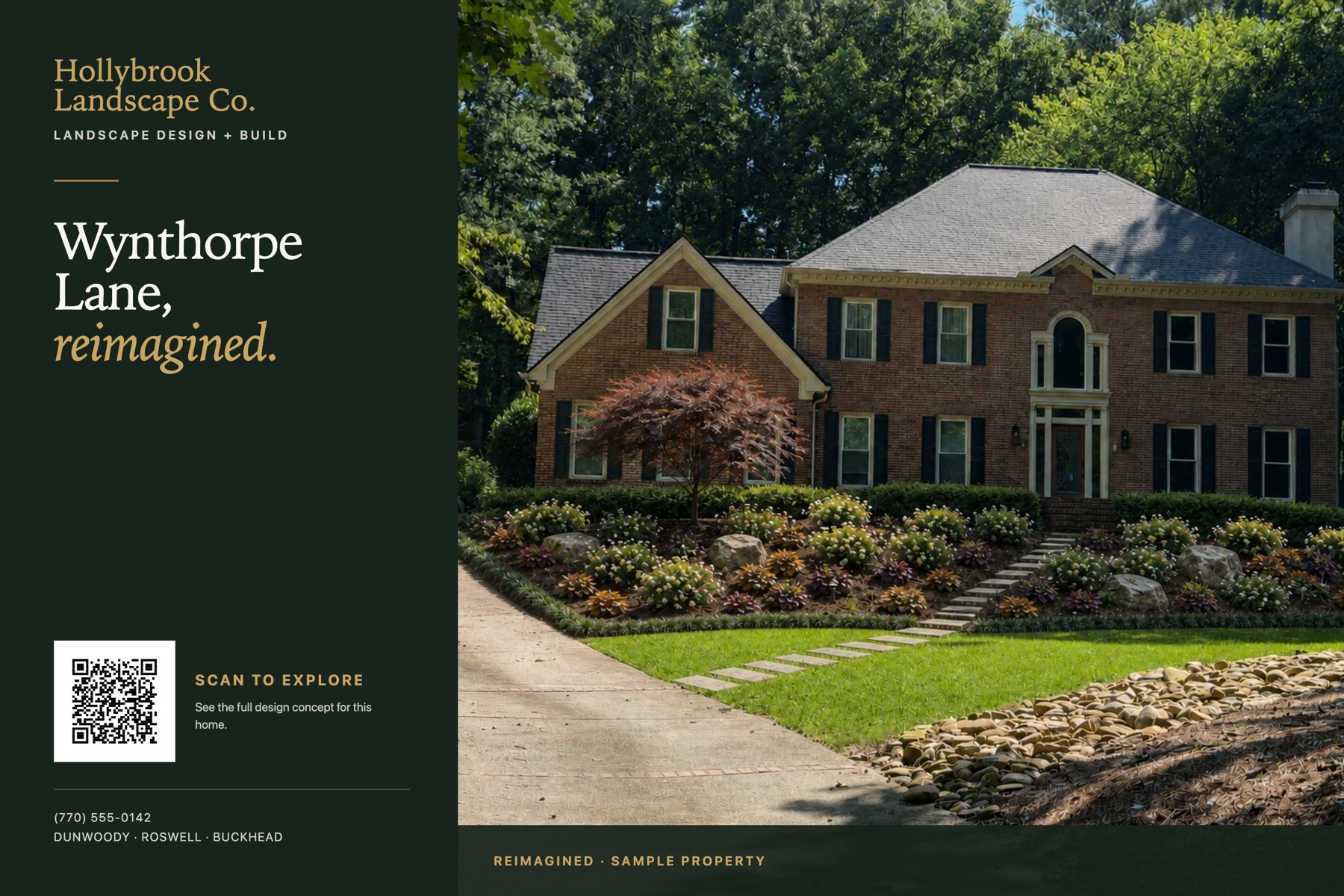 The finished proposal piece: the same home reimagined on a branded mailer with a QR code to its own proposal page